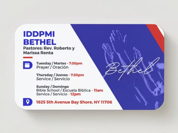 Bethel Church business card with bilingual service times designed by Surge