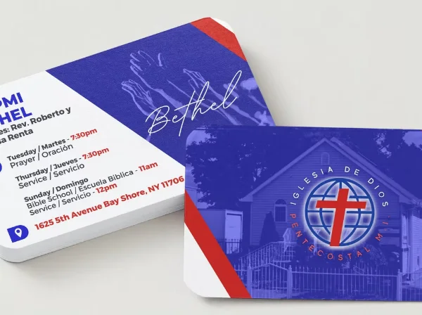 Stack of Bethel Church business cards designed by Surge
