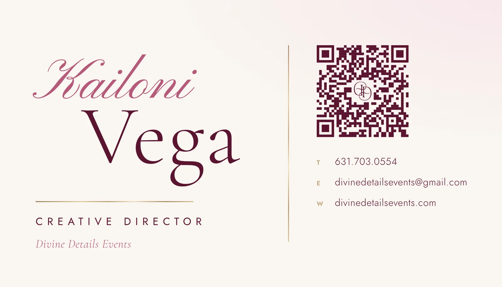 Front of the Kailoni Vega business card for Divine Details Events, designed by Surge
