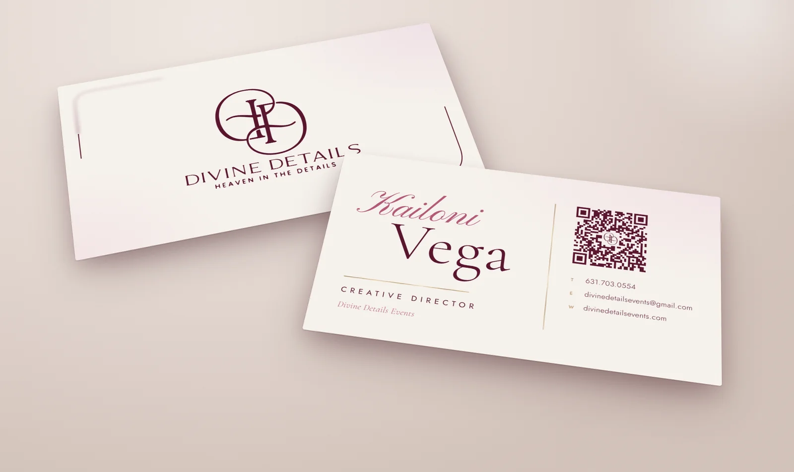 Divine Details Events business cards, front and back, designed by Surge