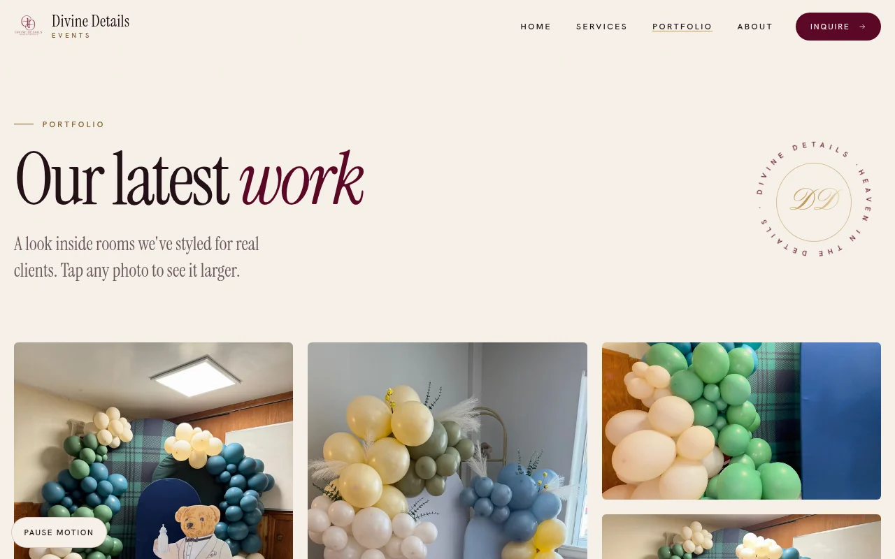 Divine Details Events website portfolio page showing styled event photos, designed by Surge