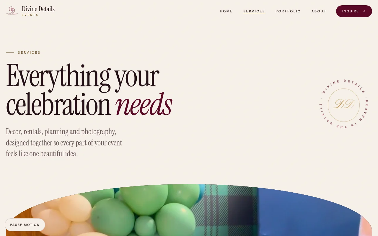Divine Details Events website services page with the DD monogram seal, designed by Surge
