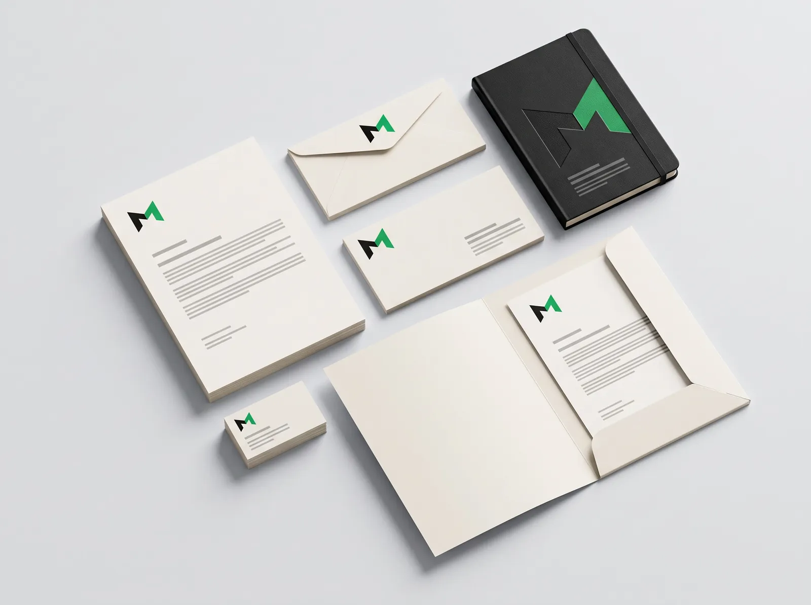 Surge branded stationery set: letterhead, envelope, business card and notebook