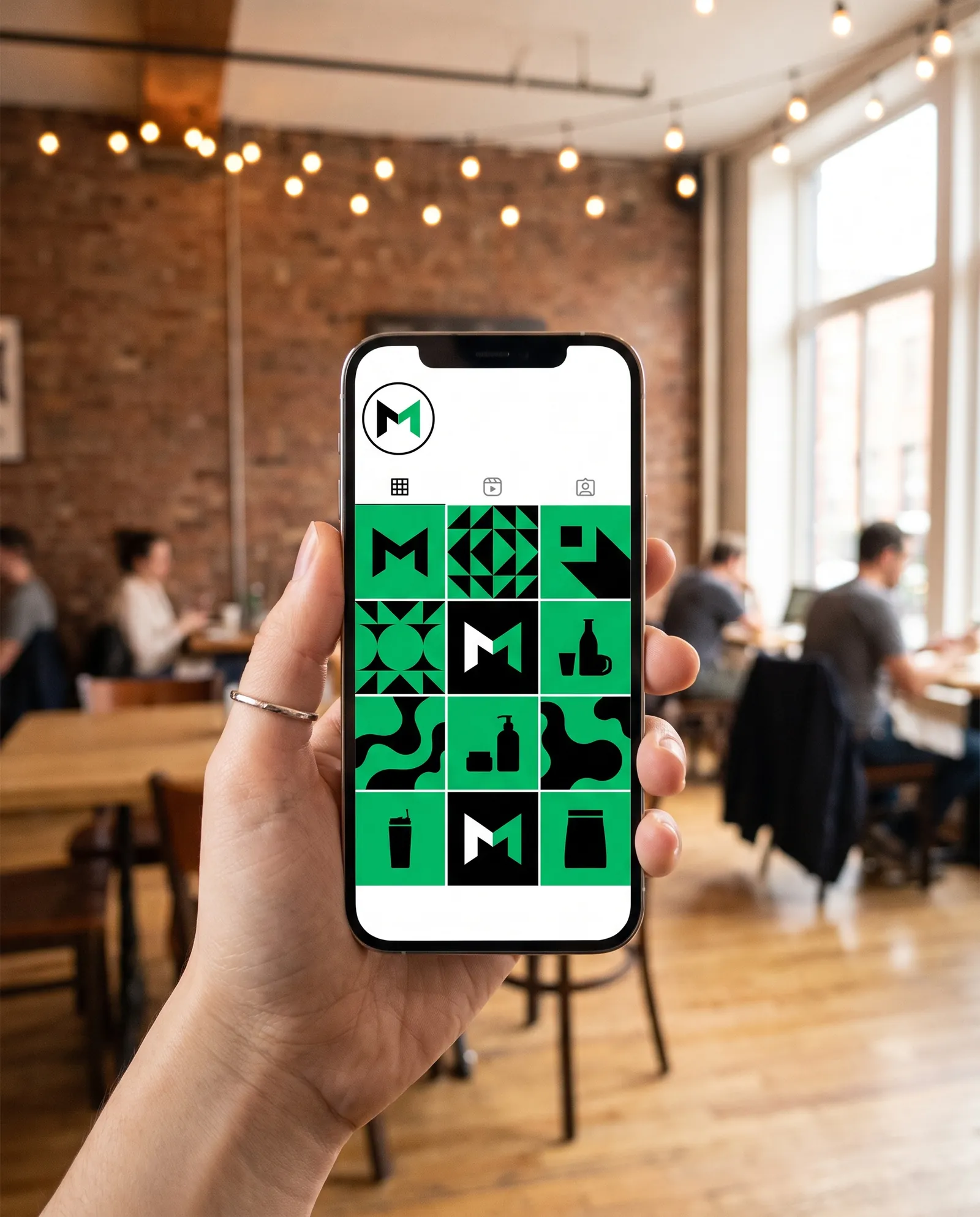 Phone showing a green and black social media grid built around the Surge M