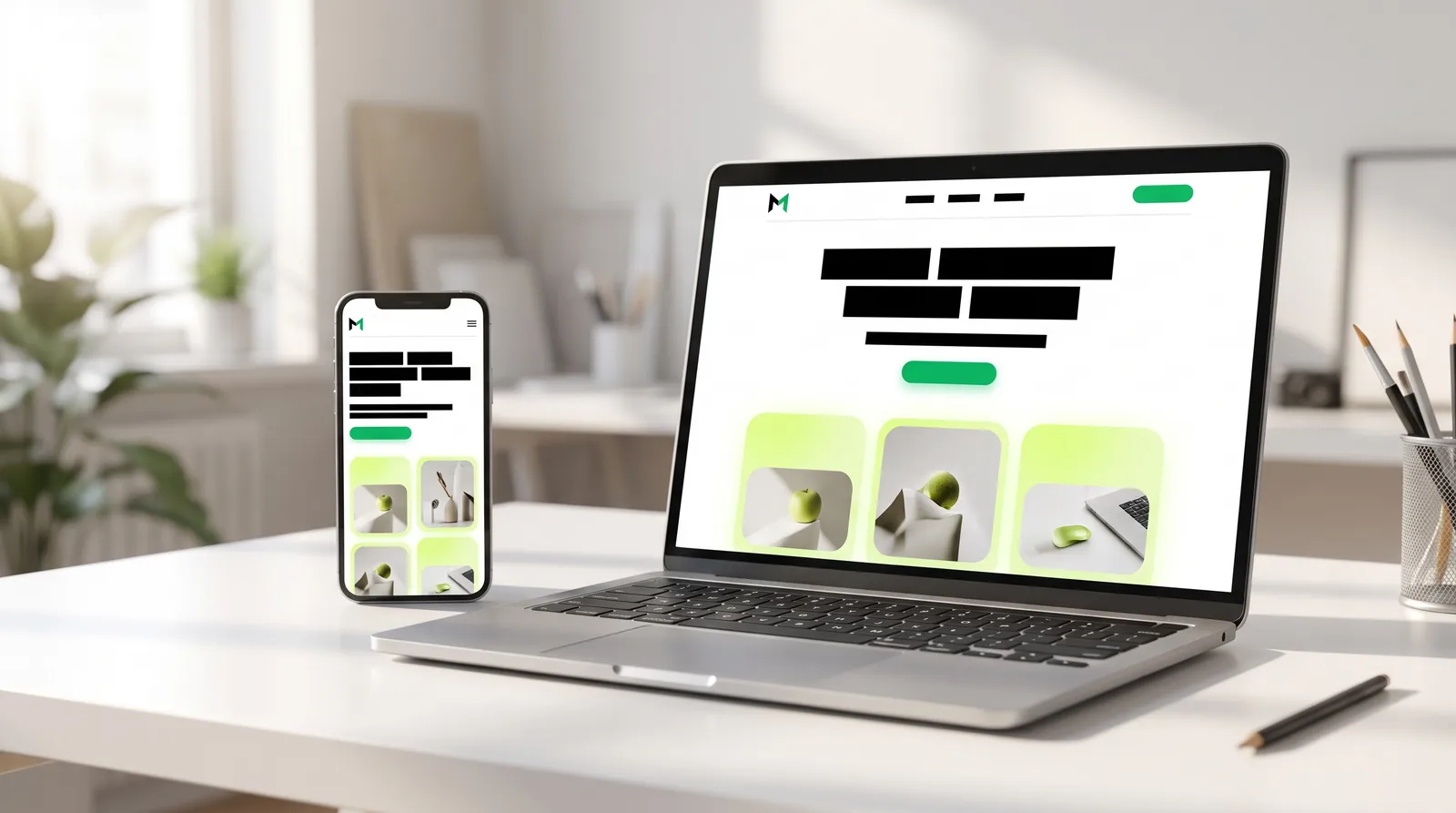 Website design shown on a laptop and phone in a bright studio